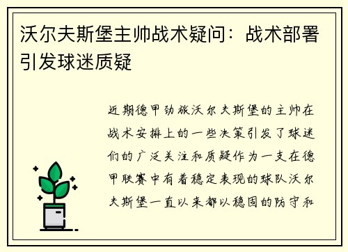 沃尔夫斯堡主帅战术疑问：战术部署引发球迷质疑